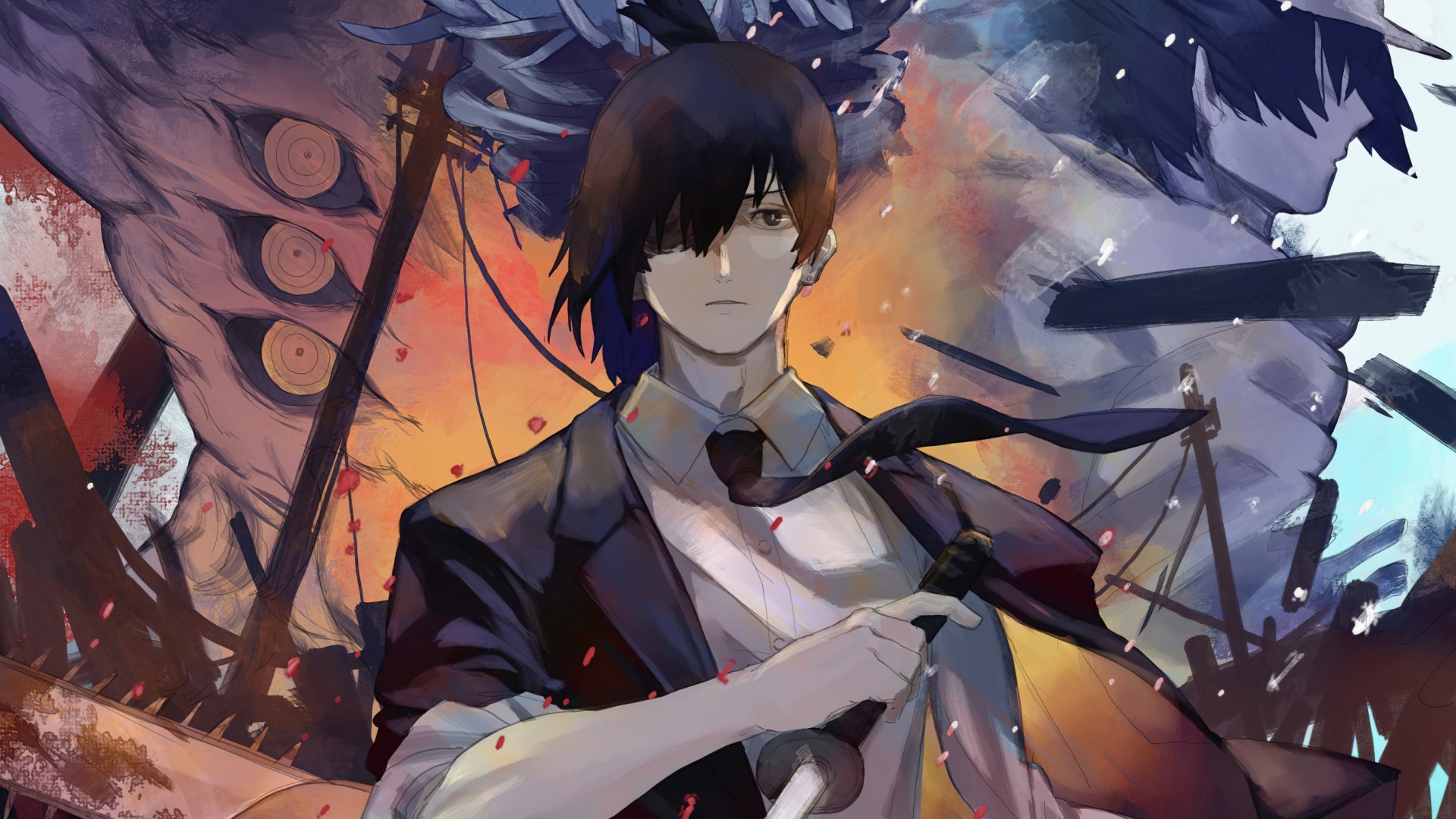 Aki Hayakawa from Chainsaw Man, anime 4K Ultra HD PC desktop wallpaper: stoic in a suit, gripping a weapon before a fiery, mechanical battlefield.