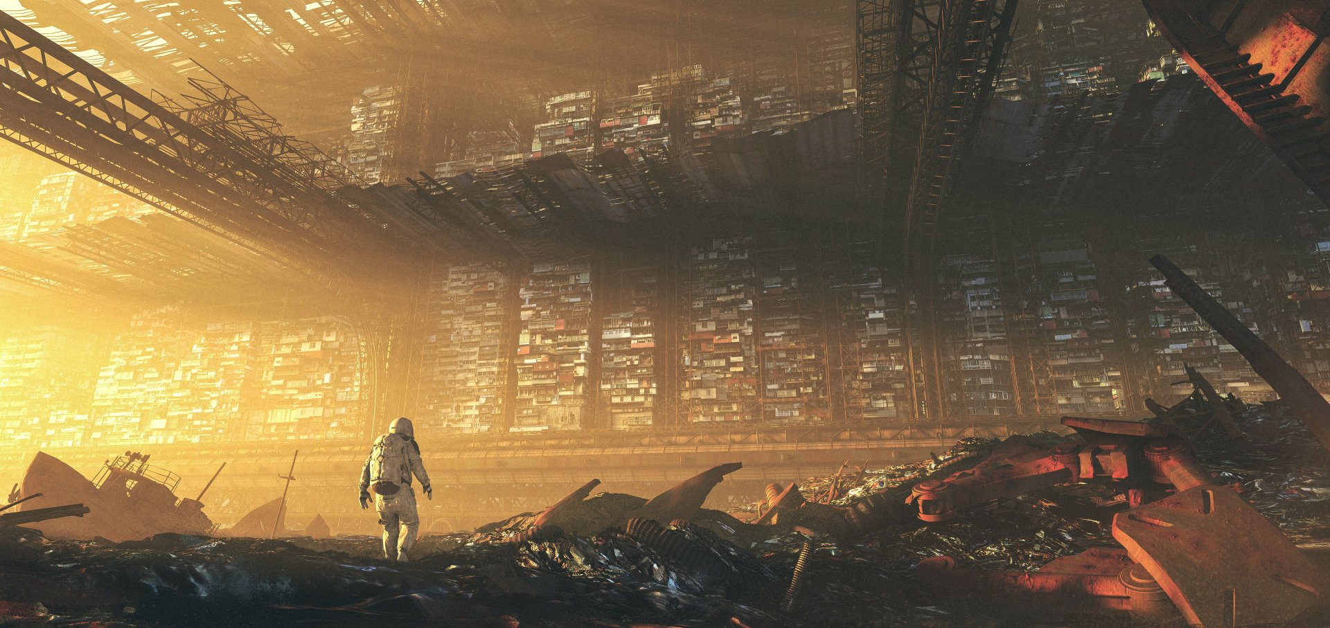 HD sci-fi post-apocalyptic wallpaper showing a lone figure in a spacesuit walking through a desolate, ruined landscape beneath a massive, futuristic overhead structure.