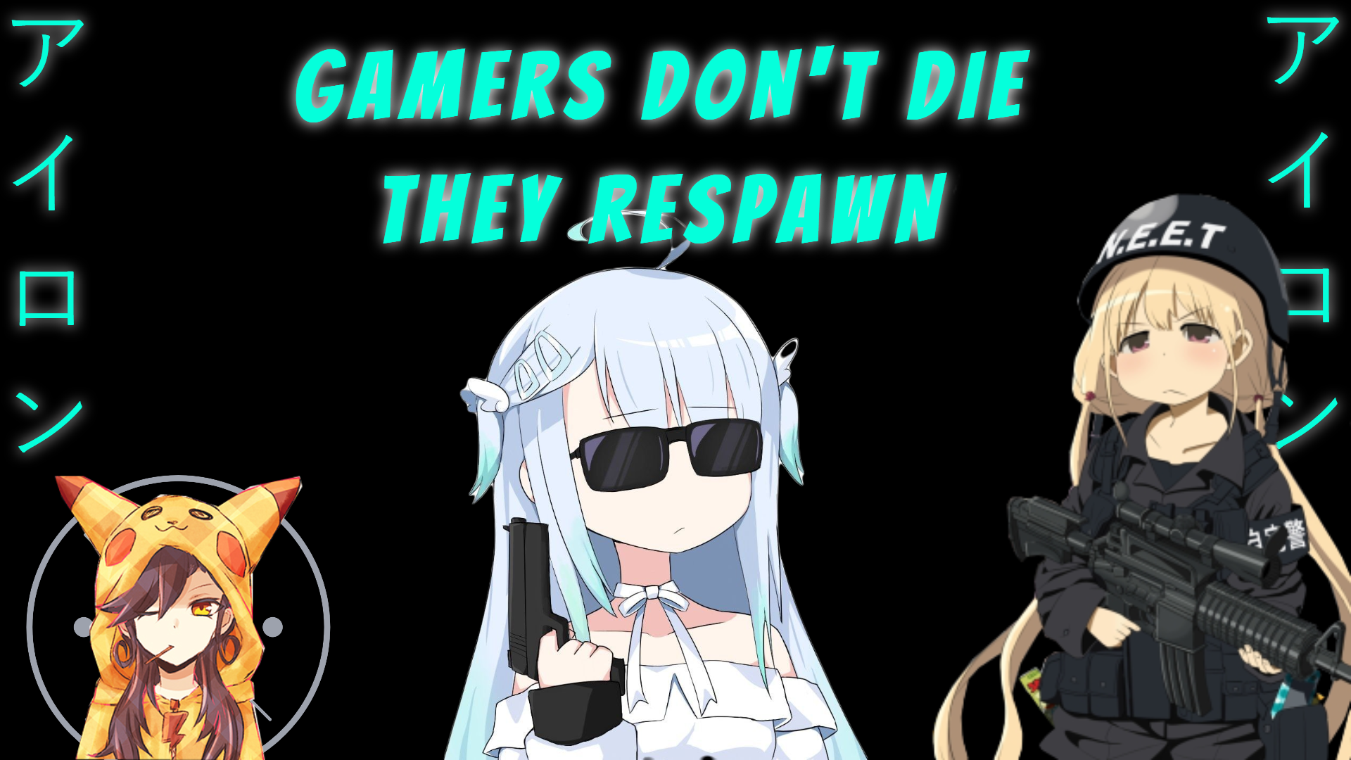 HD PC desktop wallpaper background showing a video game/gamer theme: neon Gamers don't die, they respawn slogan with three anime-style characters — sunglasses girl center, Pikachu-hat left, armed soldier right.