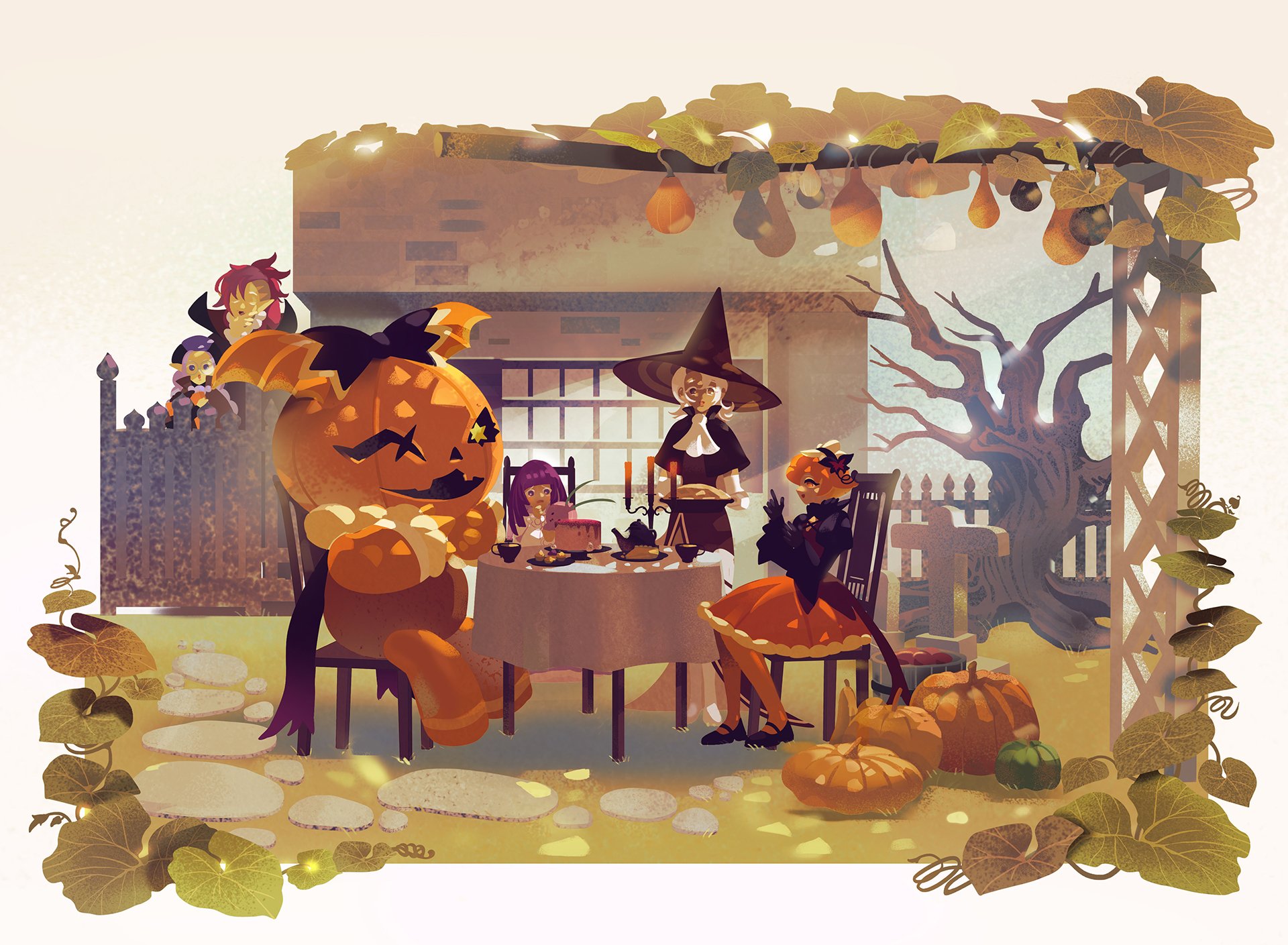 HD PC desktop wallpaper featuring COOKIE RUN: KINGDOM characters celebrating Halloween with pumpkin decorations and a cozy outdoor tea party setting.