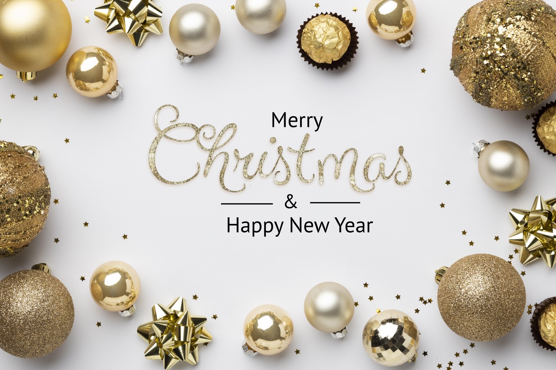 4K Ultra HD Christmas holiday wallpaper featuring gold and white ornaments arranged around a festive Merry Christmas & Happy New Year message on a white background.
