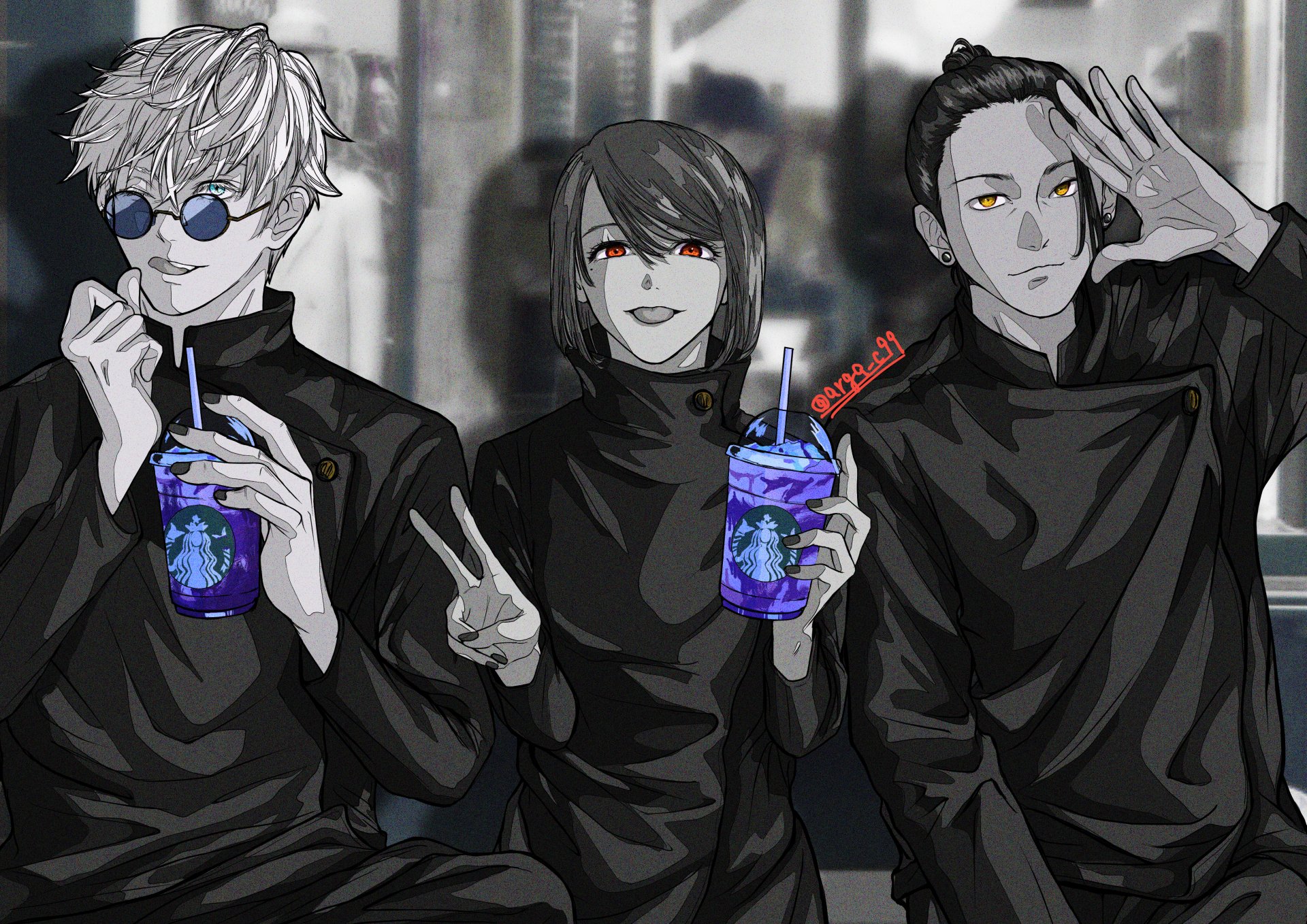 Anime-style 4K Ultra HD wallpaper featuring Suguru Geto, Shoko Ieiri, and Satoru Gojo from Jujutsu Kaisen, with Gojo and Geto posing together.