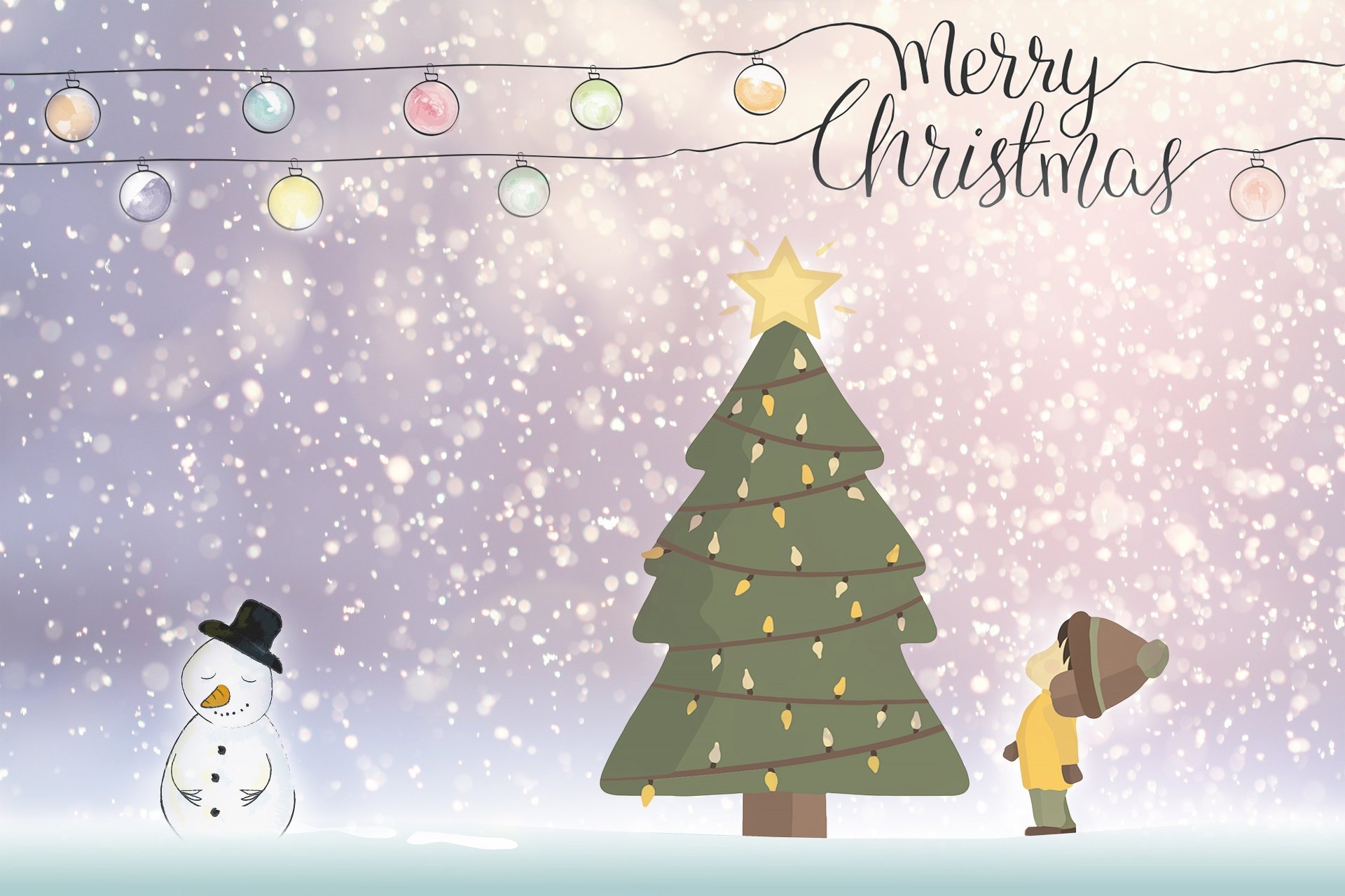 Merry Christmas holiday 4K Ultra HD PC desktop wallpaper: snowy scene with lit Christmas tree topped by a star, string lights above, a snowman and a child in a winter coat.