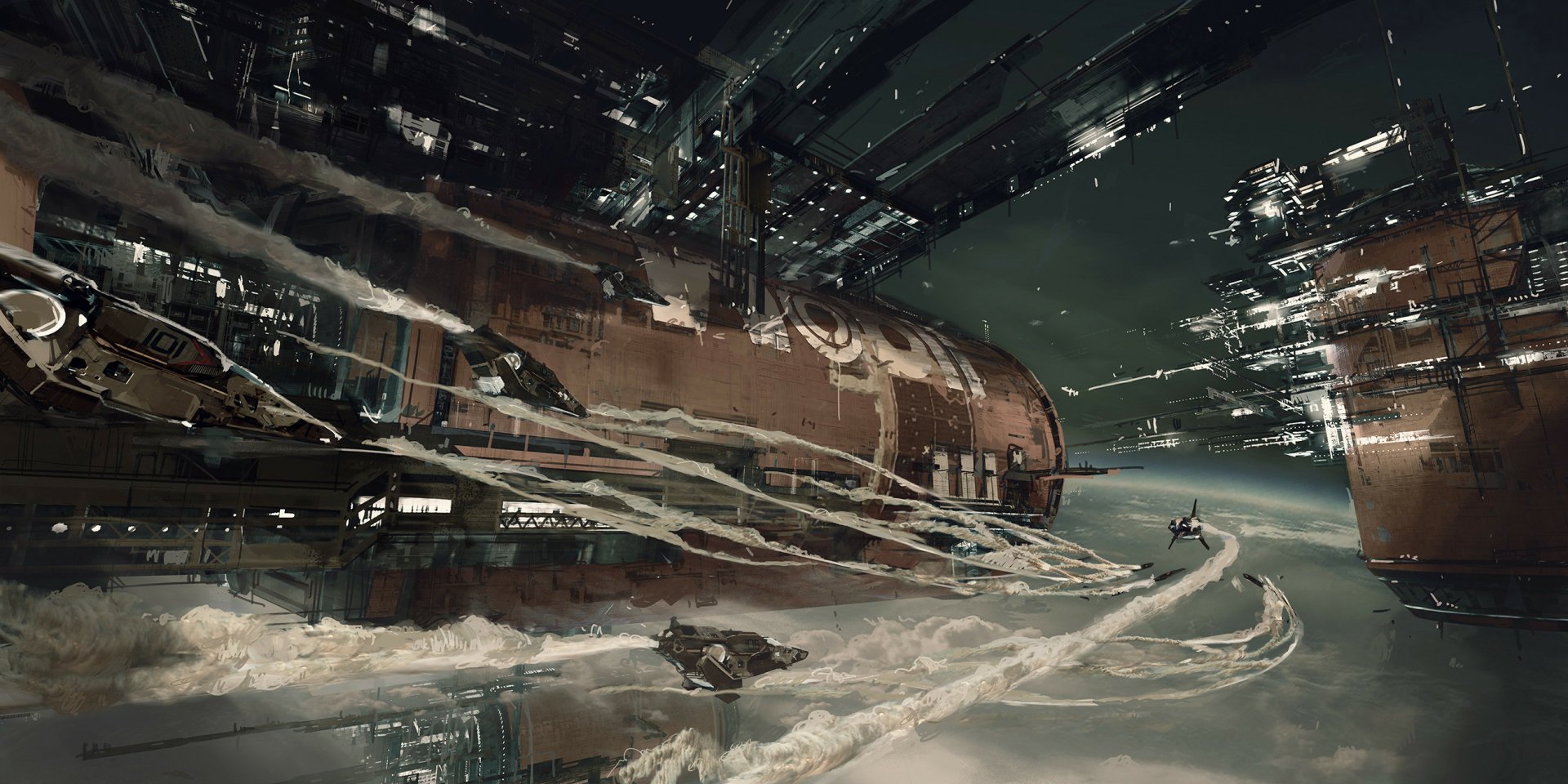 HD sci-fi desktop wallpaper depicting a detailed space station amidst swirling cosmic clouds and distant stars, capturing a futuristic space environment.