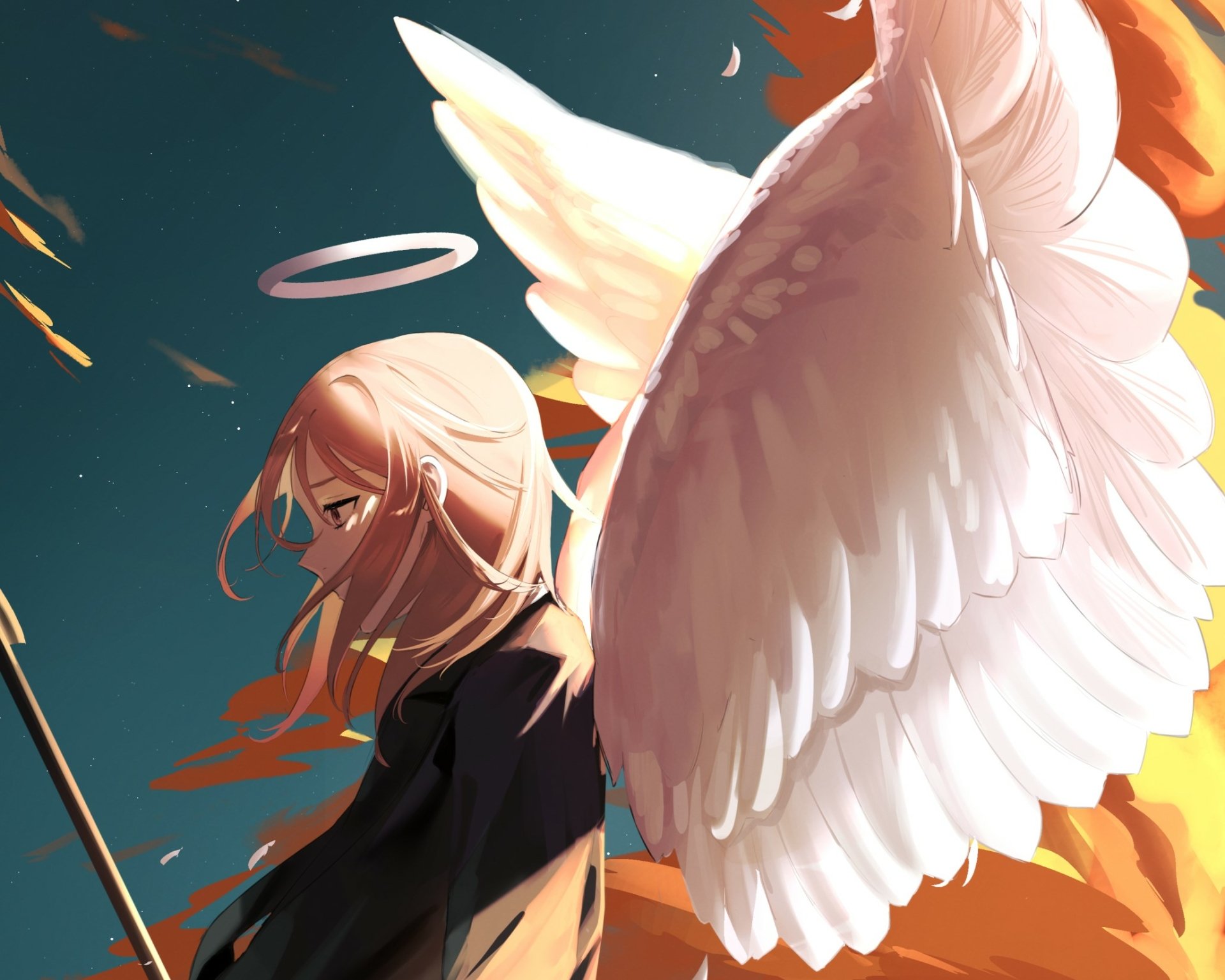 HD PC desktop wallpaper/background of Angel Devil (Chainsaw Man): anime portrait of a winged figure with halo and large white wings, gazing solemnly against a twilight sky.