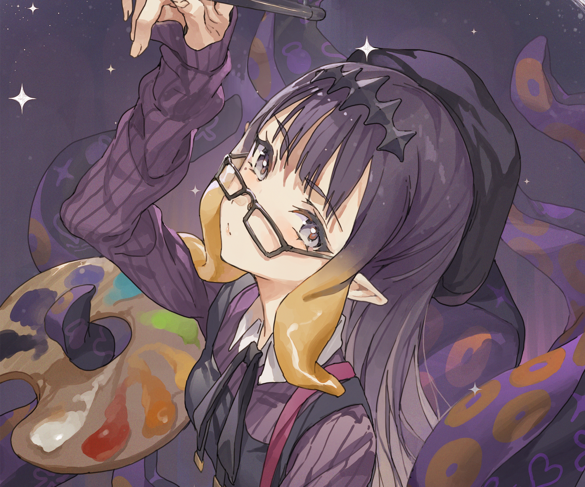 HD anime-style desktop wallpaper featuring Ninomae Ina'nis, the Virtual YouTuber from hololive, with distinctive glasses and purple-themed background elements.