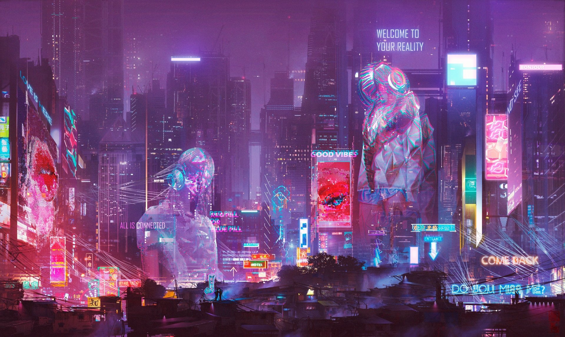 A vibrant cyberpunk cityscape with towering sci-fi skyscrapers illuminated by neon lights in a futuristic 4K Ultra HD desktop wallpaper background.