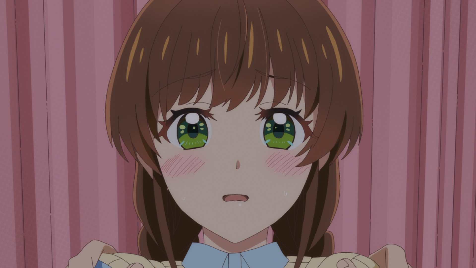 HD anime desktop wallpaper featuring Shiori Sakurazaka from More Than a Married Couple, But Not Lovers, with expressive green eyes and a soft pink background.