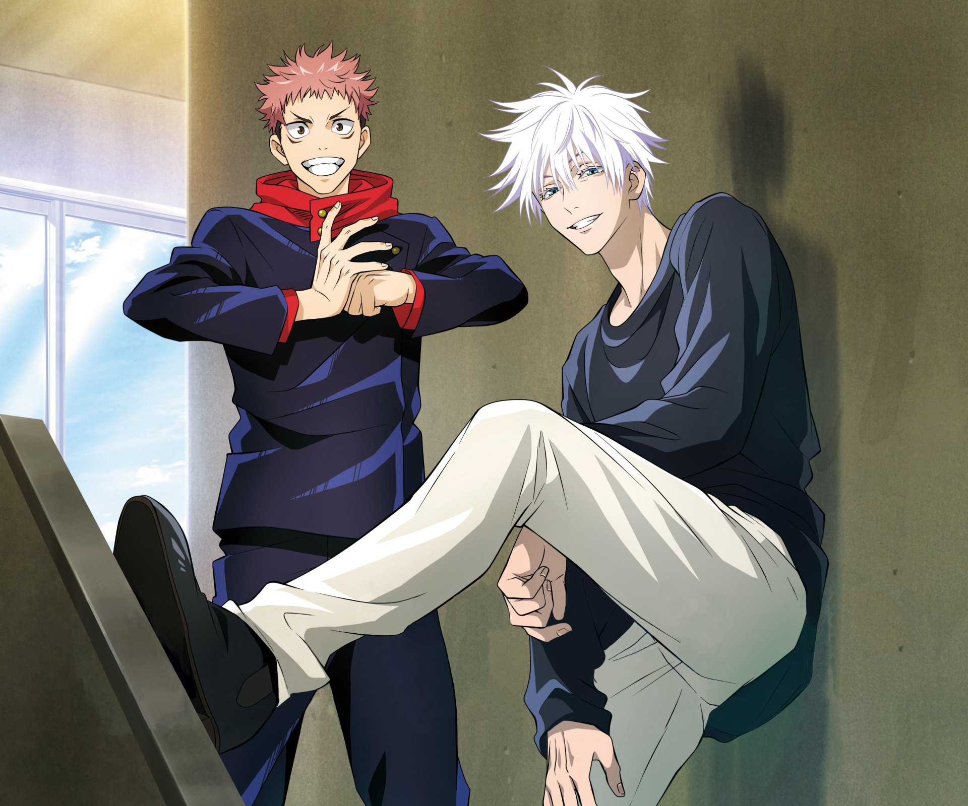 Anime: Yuji Itadori and Satoru Gojo from Jujutsu Kaisen pose playfully in a sunlit hallway — 2K Quad HD PC desktop wallpaper/background.