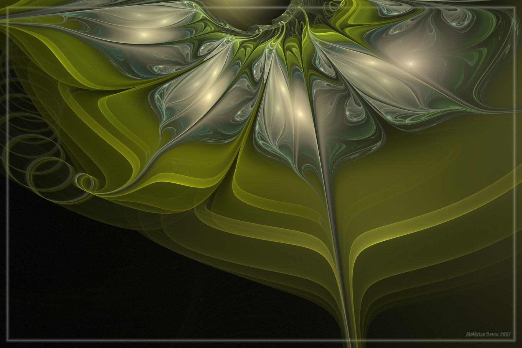 An abstract HD desktop wallpaper featuring a green floral pattern with intricate textures and shapes. The design emanates a glowing, luminescent effect, creating a visually captivating background.