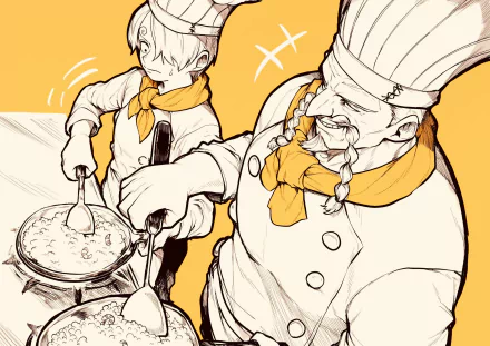 HD anime wallpaper featuring Zeff and Sanji from One Piece cooking together with a warm yellow and beige color palette.