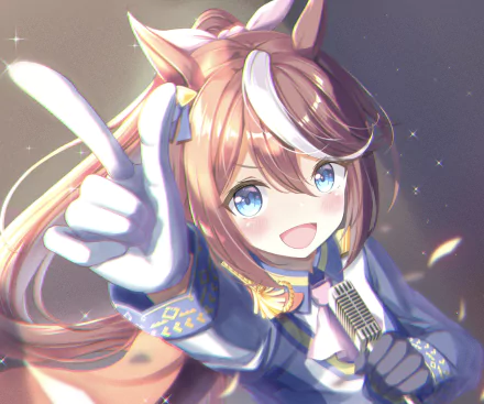 Tokai Teio from Uma Musume: Pretty Derby — cheerful anime girl with horse ears and a white hair stripe pointing at the viewer, holding a microphone against a starry backdrop; 2K Quad HD PC wallpaper.