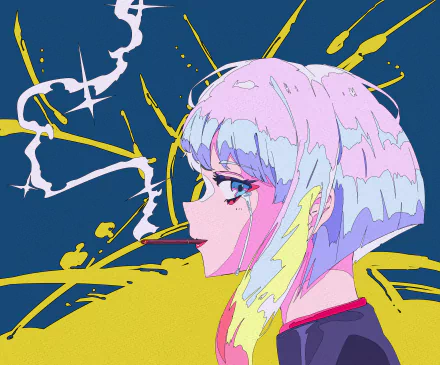 HD anime wallpaper featuring Lucy from Cyberpunk: Edgerunners with vibrant colors and dynamic background strokes in a bold cyberpunk art style.