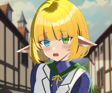 Mare Bello Fiore (Overlord) — anime portrait of a blonde elf with one blue and one green eye, wearing a school-style outfit on a sunlit street. 2K Quad HD PC desktop wallpaper/background.