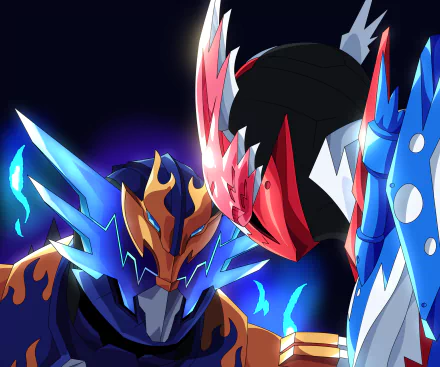 HD anime-style Kamen Rider characters face off with glowing blue and fiery orange accents in a dynamic, vibrant PC desktop wallpaper background.