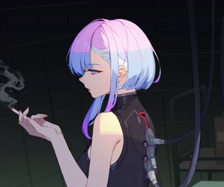 HD anime desktop wallpaper featuring Lucy from Cyberpunk: Edgerunners, showcasing her side profile with pastel-colored hair and cybernetic enhancements in a dark setting.