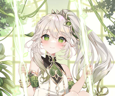 HD PC desktop wallpaper featuring Nahida from the video game Genshin Impact, showcasing her with green eyes, white hair, and nature-inspired elements in a bright setting.