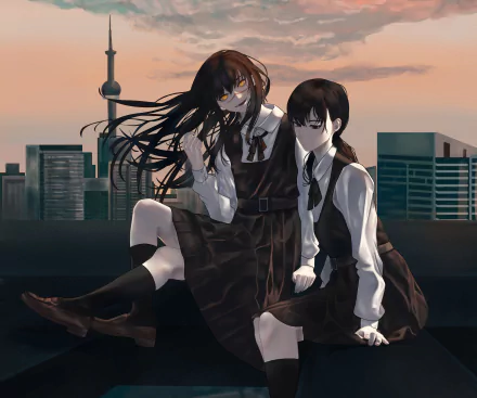 Asa Mitaka and War Devil pose on a rooftop at sunset in anime-style Chainsaw Man art — 5K Ultra HD PC desktop wallpaper/background.