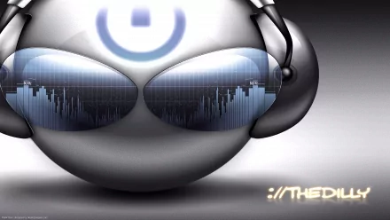 Funny smiley with headphones and mirrored visor reflecting audio waveforms — HD PC desktop wallpaper/background.