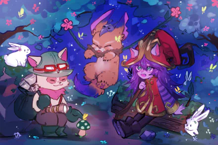 HD PC desktop wallpaper of League of Legends: Teemo, Lulu, and Gnar in a moonlit forest glade with glowing mushrooms, bunnies, and whimsical magical colors.