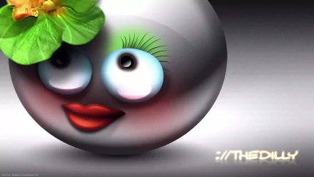 Funny smiley face on a glossy silver orb with long lashes, red lips and a green flower accent — bright, whimsical HD PC desktop wallpaper/background.