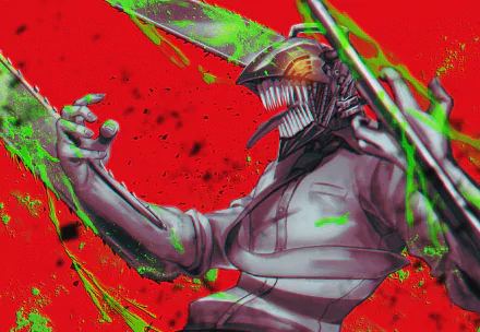 HD PC desktop wallpaper featuring Denji in his Chainsaw Man form from the anime Chainsaw Man, set against a vibrant red and green background.