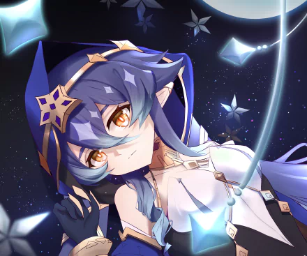 HD PC desktop wallpaper featuring Layla from the video game Genshin Impact, surrounded by glowing stars in a cosmic night sky.