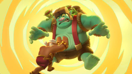 Clash Royale Goblin Giant charging with goblins on his back against a bright swirling yellow backdrop — 2K Quad HD PC desktop wallpaper/background, video game art.
