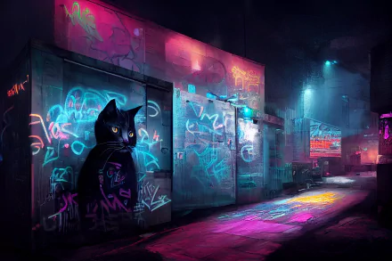 HD PC desktop wallpaper featuring AI art of a cyberpunk city alley illuminated by neon lights and vibrant graffiti, blending futuristic sci-fi and urban elements.