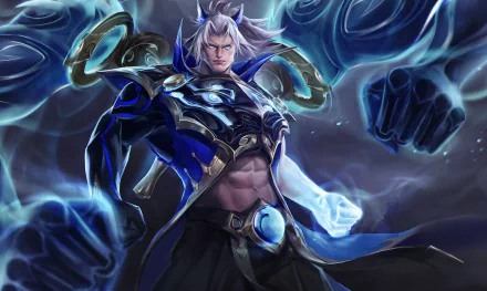 HD PC desktop wallpaper of Sett from the League of Legends video game: muscular fighter in blue armor with glowing spectral fists looming behind him.