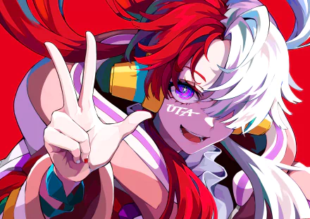 Vibrant 4K Ultra HD anime wallpaper featuring Uta from One Piece with striking red and white hair, purple eyes, and a dynamic peace sign pose.