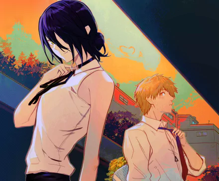 Denji and Reze (Chainsaw Man) in an anime sunset portrait, standing apart with loosened ties — 2K Quad HD PC desktop wallpaper/background.
