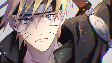 4K Ultra HD anime wallpaper featuring Naruto Uzumaki with intense blue eyes and determined expression, detailed with his signature whisker marks and headband.