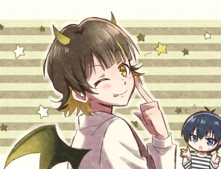 Anime-style HD desktop wallpaper featuring Bachira Meguru from Blue Lock winking with a playful expression against a striped, starry background.