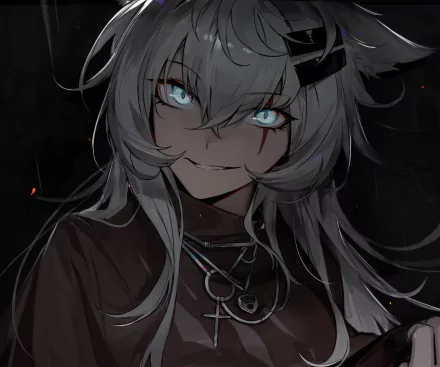 HD PC wallpaper featuring Lappland from Arknights — close-up of a silver-haired, cyan-eyed character with a sly smirk, scarred eye, layered necklaces and dark, moody background.