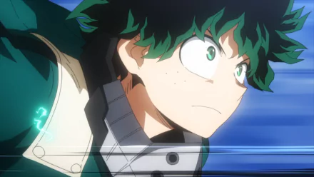 HD PC wallpaper featuring Izuku Midoriya from the anime My Hero Academia in a dynamic, determined pose with a blue motion blur background.