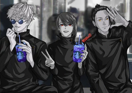 Anime-style 4K Ultra HD wallpaper featuring Suguru Geto, Shoko Ieiri, and Satoru Gojo from Jujutsu Kaisen, with Gojo and Geto posing together.