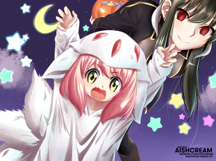 Anya Forger in a white animal hoodie reaching out excitedly with Yor Forger smiling behind her against a starry crescent-moon night — Anime, Spy x Family 4K Ultra HD PC desktop wallpaper and background.
