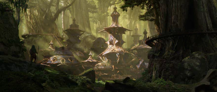 Lush forest with glowing, ornate spire-like structures forming a mystical fantasy city; detailed 2K Quad HD PC desktop wallpaper/background evoking an ancient arboreal civilization.