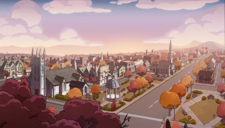Gravesfield from the TV show The Owl House — 2K Quad HD PC desktop wallpaper depicting an autumnal townscape with church spires, gazebo and tree-lined streets beneath a pastel sunset.