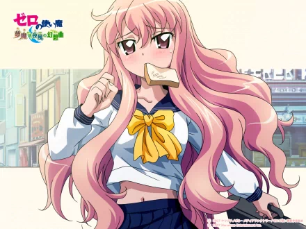 HD PC desktop wallpaper featuring an anime character with long pink hair from The Familiar of Zero, chewing on a piece of bread in a city background.
