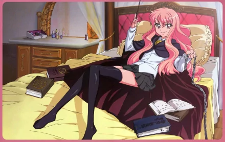 Anime-themed HD desktop wallpaper featuring a character from Zero no Tsukaima, lounging on a bed surrounded by books in a cozy, richly colored room.