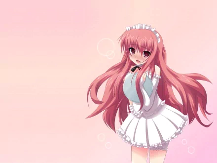 A vibrant HD desktop wallpaper featuring a character from Zero no Tsukaima, showcasing a girl with long pink hair in a playful pose against a soft pink background.
