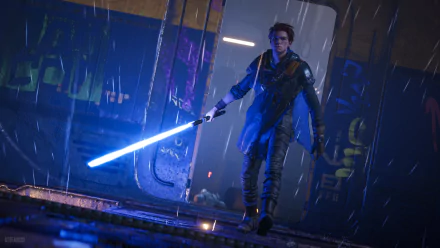 4K Ultra HD PC wallpaper from the Star Wars Jedi: Fallen Order video game, featuring a rain-soaked character wielding a blue lightsaber in a futuristic setting.