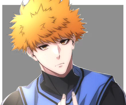 HD anime desktop wallpaper featuring a close-up of a character from Blue Lock with bright orange hair and a focused expression against a gray background.