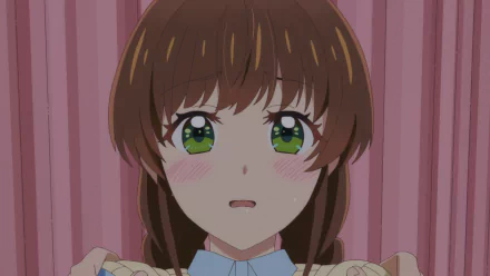 HD anime desktop wallpaper featuring Shiori Sakurazaka from More Than a Married Couple, But Not Lovers, with expressive green eyes and a soft pink background.