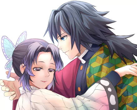 HD anime wallpaper featuring Giyuu Tomioka and Shinobu Kochou from Demon Slayer: Kimetsu no Yaiba in a close, gentle moment.