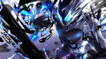 4K Ultra HD anime-style Kamen Rider with glowing blue accents and dynamic energy effects, set against a dark, intense background for PC desktop wallpaper.