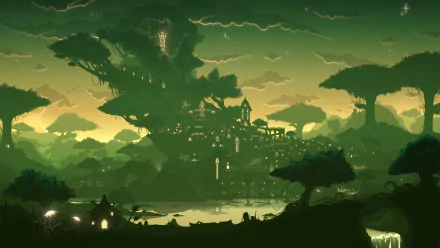 A vibrant 4K Ultra HD desktop wallpaper featuring Sumeru from Genshin Impact, showcasing lush landscapes and mystical architecture under a dreamy green sky.