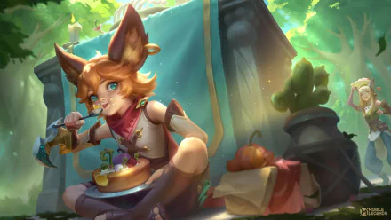 HD PC desktop wallpaper/background for the video game Mobile Legends: Bang Bang: an anthropomorphic fox-like hero lounges by a camp tent, eating from a bowl in a sunlit forest.